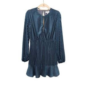 RYSE The Label Women's Blue Pinstriped Long Sleeve Ruffle Mini Dress Large NWOT